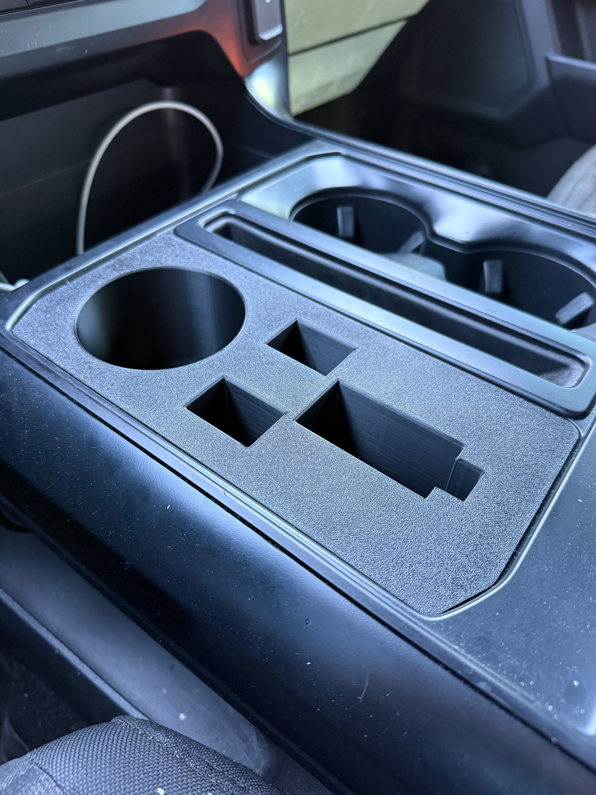 2021-2026 Ford F-150 center console insert with cup holder and secure EDC storage installed in truck interior