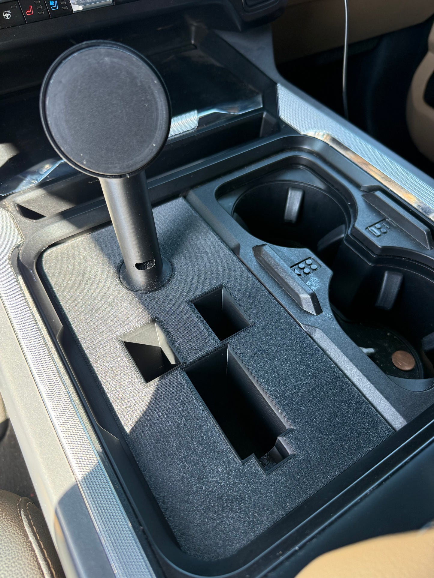 Ford F250 F350 F450 phone mount and pistol holder console organizer in black finish