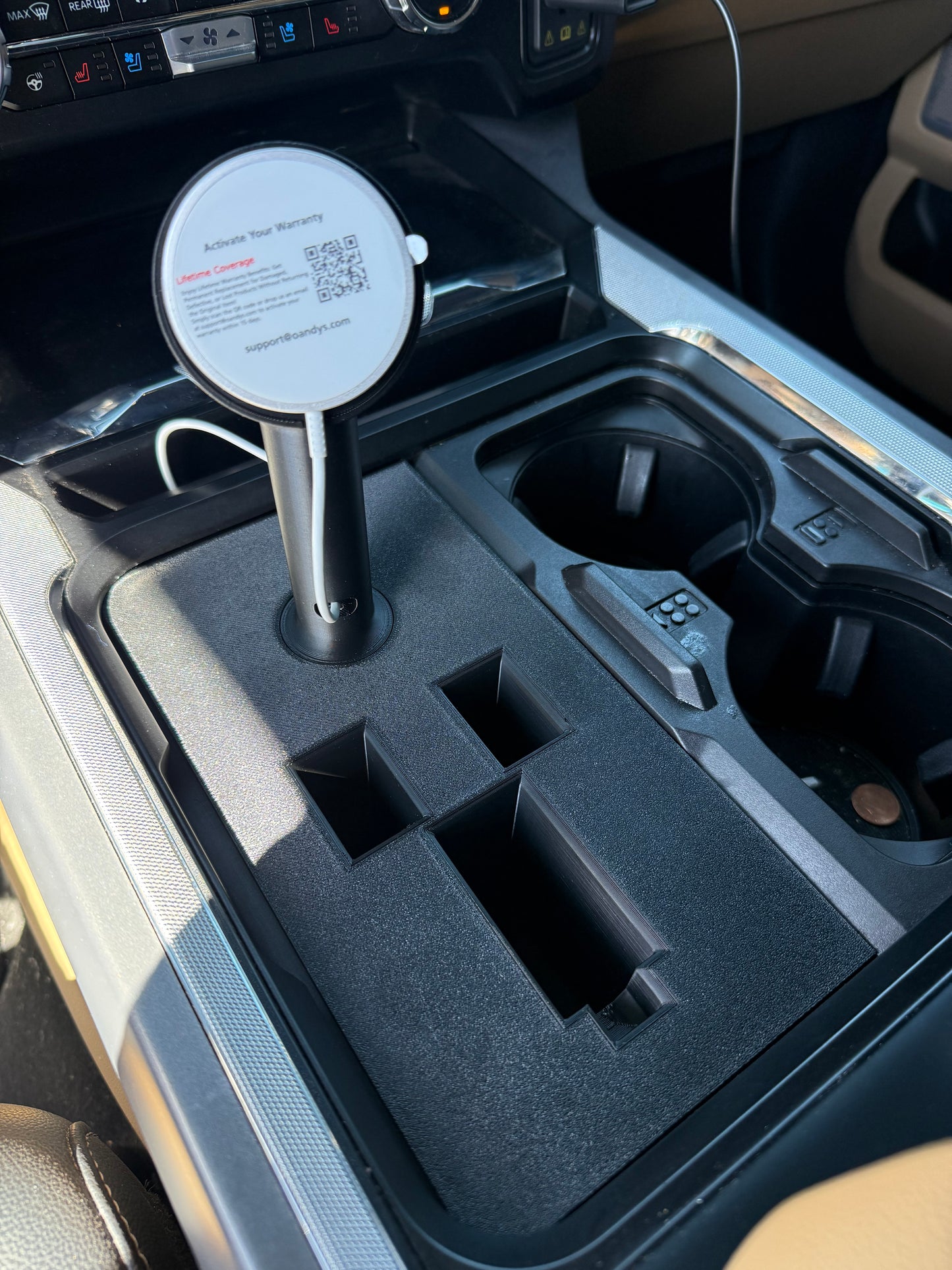 2023 plus Super Duty MagSafe wireless charging phone mount with pistol storage insert installed