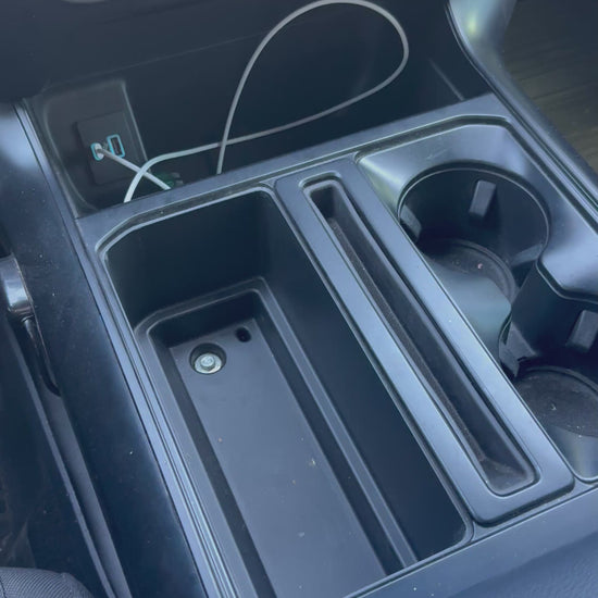 2021–2026 Ford F-150 double cup holder center console insert installed and shown inside truck interior