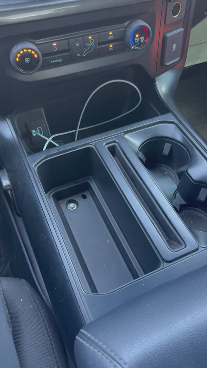 2021–2026 Ford F-150 double cup holder center console insert installed and shown inside truck interior
